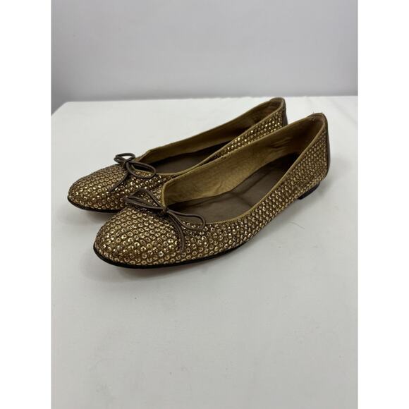 Stuart Weitzman Casino Sequin Ballet Flats Gold 7.5 M Bows - Picture 2 of 9